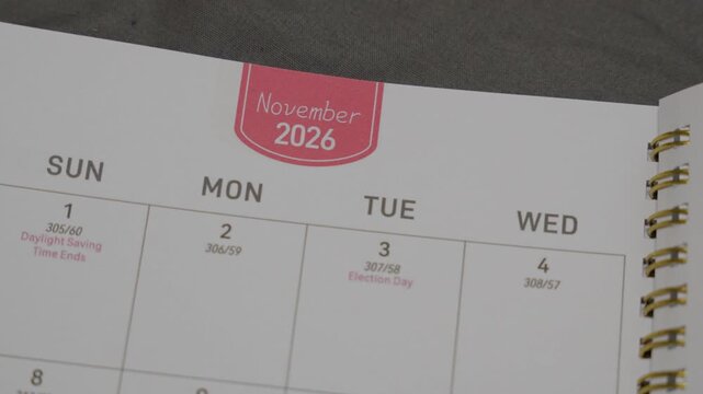 November 2026 planner page with slow right camera movement for annual scheduling and calendar planning concept