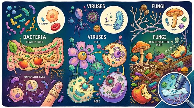 Educational infographic illustrating roles of bacteria viruses and fungi