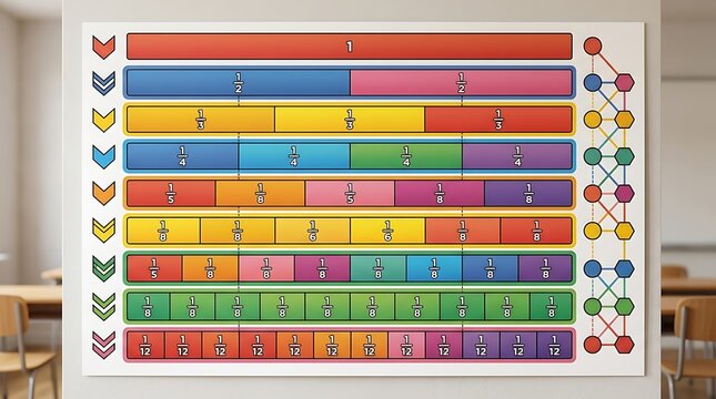 Colorful math fraction chart on a classroom wall for learning