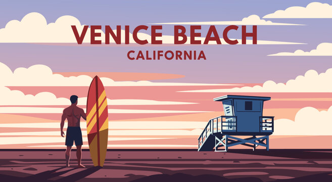 Vector illustration design of Venice Beach California sunset featuring a surfer with surfboard and iconic lifeguard tower for coastal travel wall art