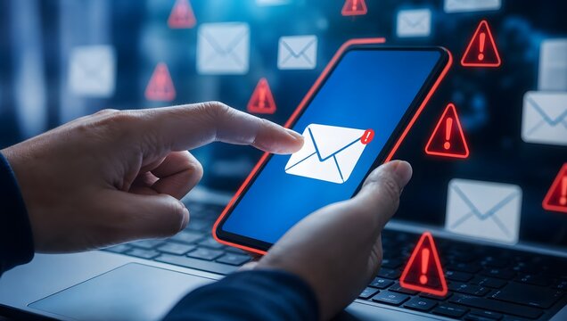 Hand holding smartphone with unread email icon and warning signs, email spam and phishing alert.