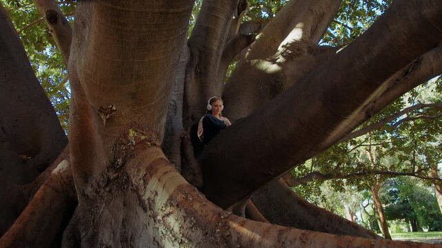 Young girl enjoys climbing a large tree in a park on a sunny day and sits comfortably and enjoying listening to music via headset on a strong branch with green leaves around.