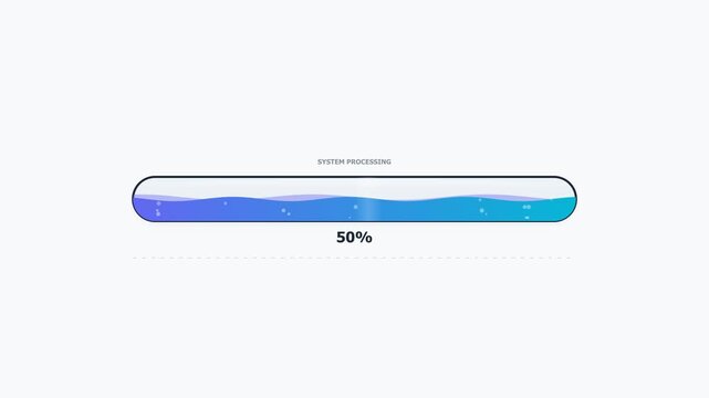 Vector loading progress bar shaped like a glass capsule filled with wavy blue liquid at fifty percent on a white background