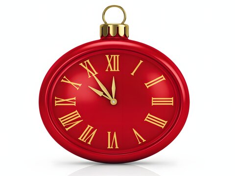 Red Christmas clock ornament with gold Roman numerals and hands, isolated on white background