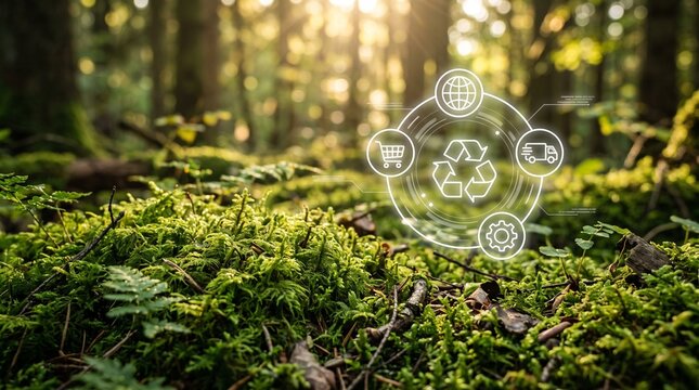 Sustainability icons set in a green forest background