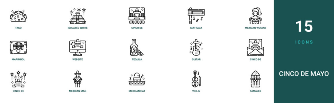 Set of 15 outline web Cinco De Mayo icons such as tamales, violin, mexican hat, mexican man, cinco de mayo, cinco de mayo, guitar vector icons for report, presentation, diagram, web design, mobile