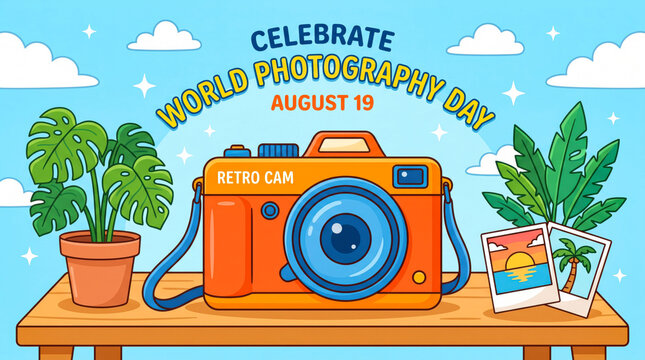 Celebrate world photography day with vintage camera and plants