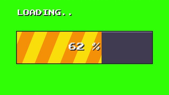 8bit Retro Pixel Loading Bar Animation with Percentage on Green Screen