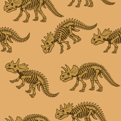 Triceratops skeleton seamless pattern, tan dinosaur fossil background. Vintage dino bones repeating pattern, paleontology art. Prehistoric dinosaur skeletons seamless texture on sand background © Kate