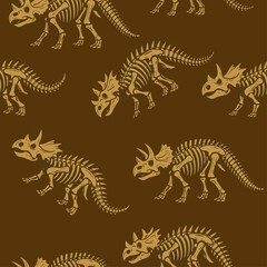 Triceratops skeleton seamless pattern. Retro hand-drawn dinosaur fossil bones repeating background vector illustration. Vintage dinosaur bone pattern. Seamless texture of stylized triceratops skeleton © Kate