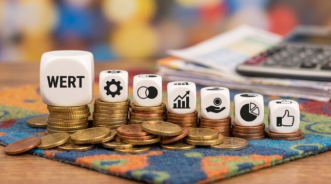 Stacked coins with value and growth icons on colorful background