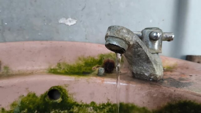 Macro shot of a rusted, leaky metal tap dripping water droplets in an old bathroom or kitchen sink.