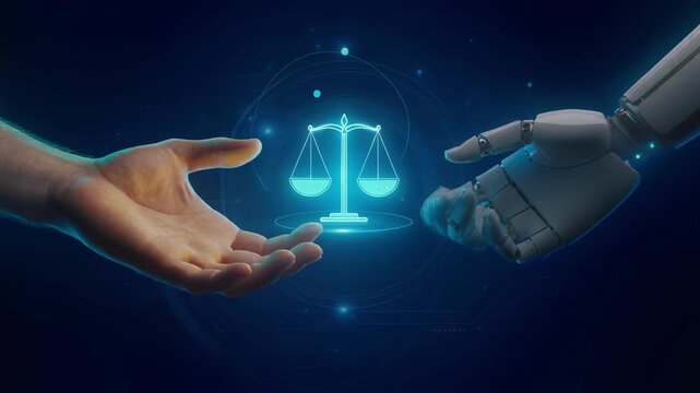 Human and robot hands reaching out with glowing justice scales symbolizing technology and law balance