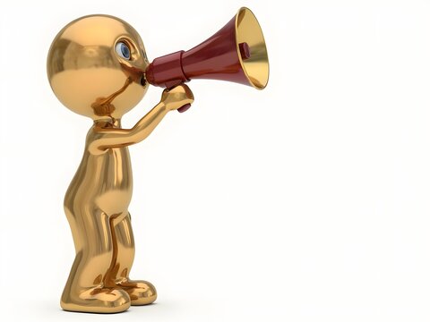 Golden cartoon character speaking through megaphone, 3d illustration for communication and announcement concepts