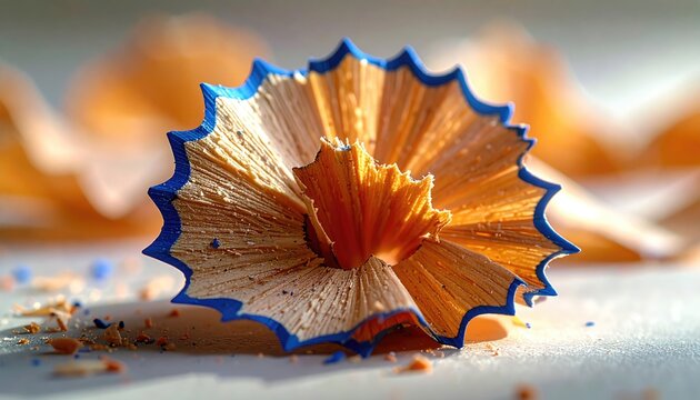 Intricate wooden pencil shaving with blue edge, detailed texture