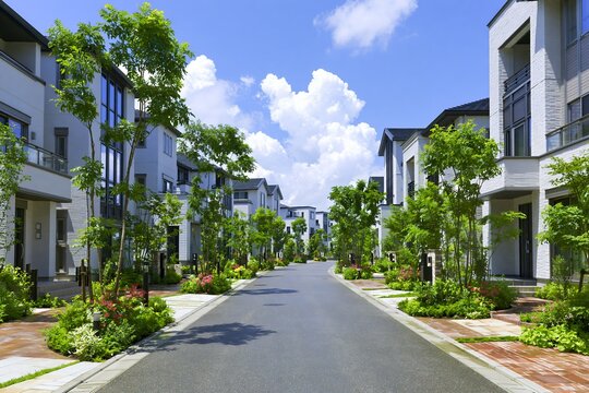 青空と緑が美しい新築分譲地の街並み戸建て住宅が並ぶ日中