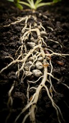 Fototapeta premium Close-up of plant roots growing in soil with small stones and organic debris for gardening and nature study