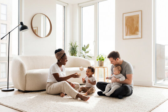 Young diverse family with toddler and baby playing with wooden toys on living room rug, enjoying togetherness and happy moments in modern minimalist home interior