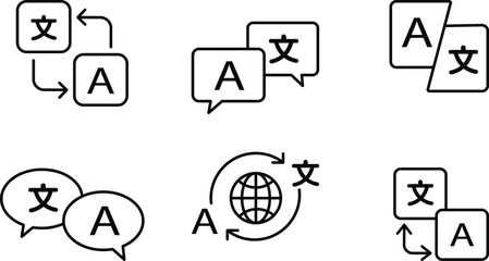 Professional set of six black and white translation vector icons showcasing language exchange symbols with clean minimalist line art style ©  TTSVIBESTUDIO 0.1