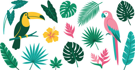 Vibrant tropical bird vector illustration featuring toucan, parrot, exotic leaves, hibiscus flowers and colorful jungle botanical elements © LaifurRahman