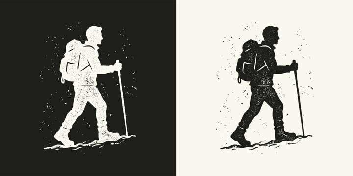Silhouette of hiker with backpack and trekking poles in vintage distressed style on split background