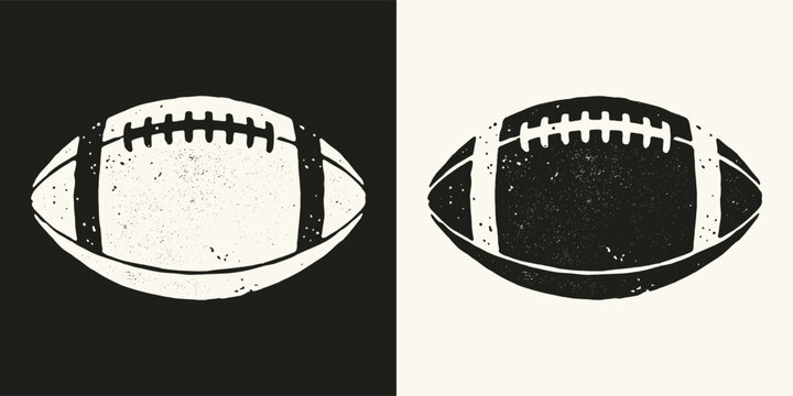 Vintage distressed American football ball illustration in black and white icon style