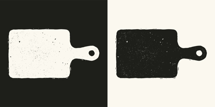 Rustic wooden cutting board silhouette icons with distressed grunge texture in black and white