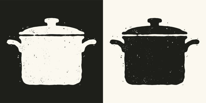 Vintage cooking pot silhouette illustration with textured grunge effect on black and white backgrounds