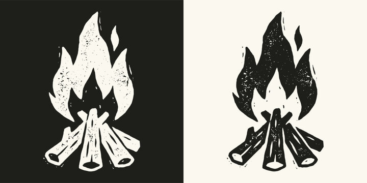 Vintage hand drawn campfire icons with woodcut texture on black and white backgrounds