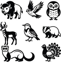 Fototapeta premium A selection of stylized black and white vector illustrations featuring various wild animals and birds for original illustration structure projects.