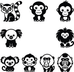 Fototapeta premium A assortment of cute and stylized black and white vector icons representing various monkeys and primates for innovative designs.