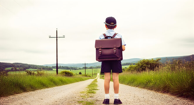 Child walking on rural road carrying vintage leather school bag. Young student hiking to school with retro satchel in countryside landscape.