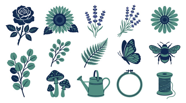 Collection of botanical and gardening icons including flowers herbs and gardening tools in a minimalistic style for outdoor and nature themes