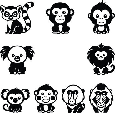 A assortment of cute and stylized black and white vector icons representing various monkeys and primates for innovative designs.