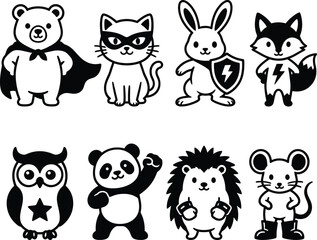 Naklejka premium A array of cute black and white animal illustrations featuring a superhero bear, masked cat, shield bunny, and other friendly creatures.