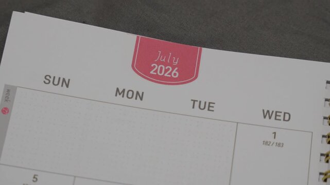 July 2026 planner page with slow right camera movement for annual scheduling and calendar planning concept