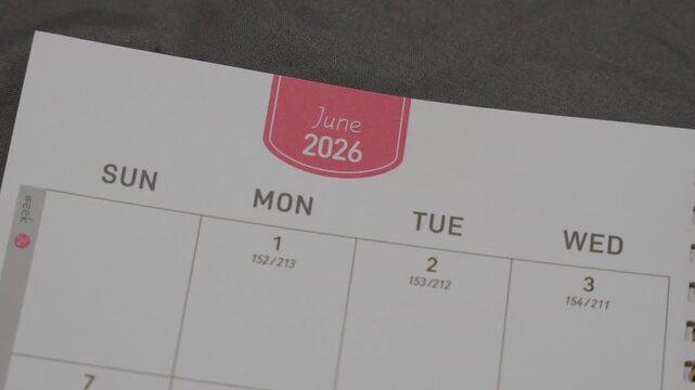 June 2026 planner page with slow right camera movement for annual scheduling and calendar planning concept