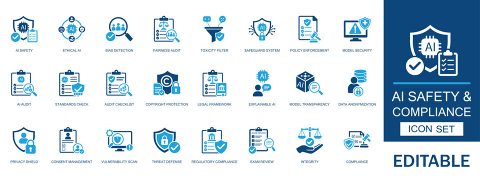 AI safety and compliance solid icon set. featuring ethical artificial intelligence blockchain bias detection fairness audit policy enforcement dashboard and security network.