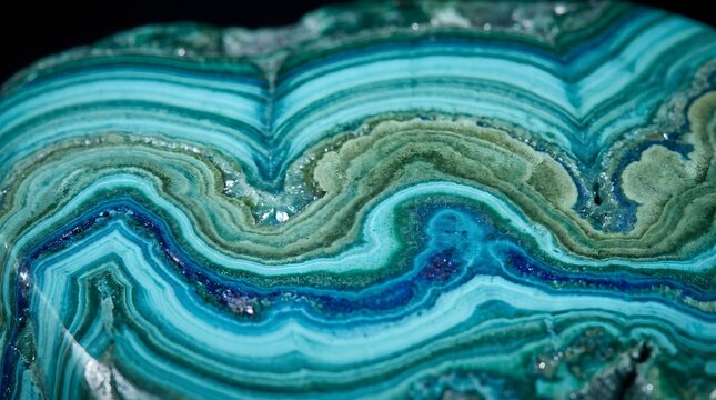 Vibrant Malachite Texture: A close-up macro view showcases the intricate, swirling patterns and rich banded texture of a vibrant malachite stone, revealing its natural beauty and geological artistry.