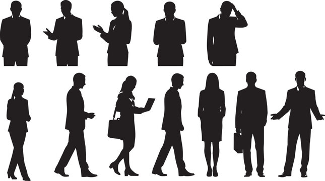 Diverse business people silhouettes in various poses against white background vector graphic