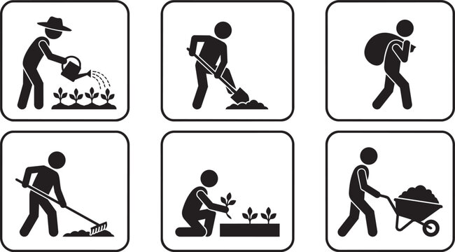 Agriculture icons showing watering planting digging and harvesting with wheelbarrow and rake