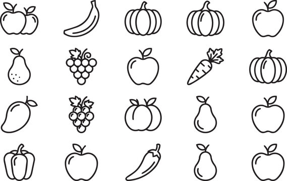 Assorted fruit and vegetable silhouettes in a clean grid for healthy food concepts