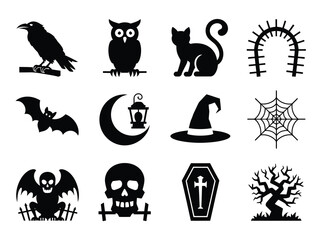 Fototapeta premium Halloween icons including animals and spooky symbols on white background