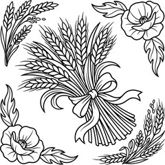 Obraz premium An intricate black and white rendering of a harvested wheat group tied with a ribbon and decorated with poppies.