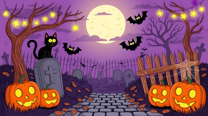 Fototapeta premium Spooky halloween scene with haunted house jack o' lanterns and bats