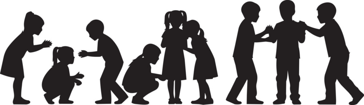 Children silhouettes playing games outdoors during daytime with white background vector