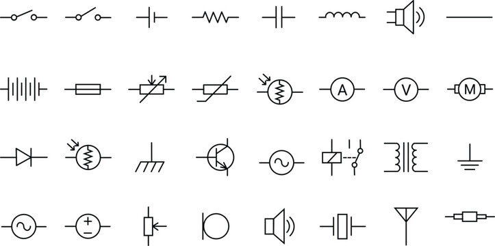 Set of electronic circuit symbols. Schematic circuit diagrams. Vector 10 eps.