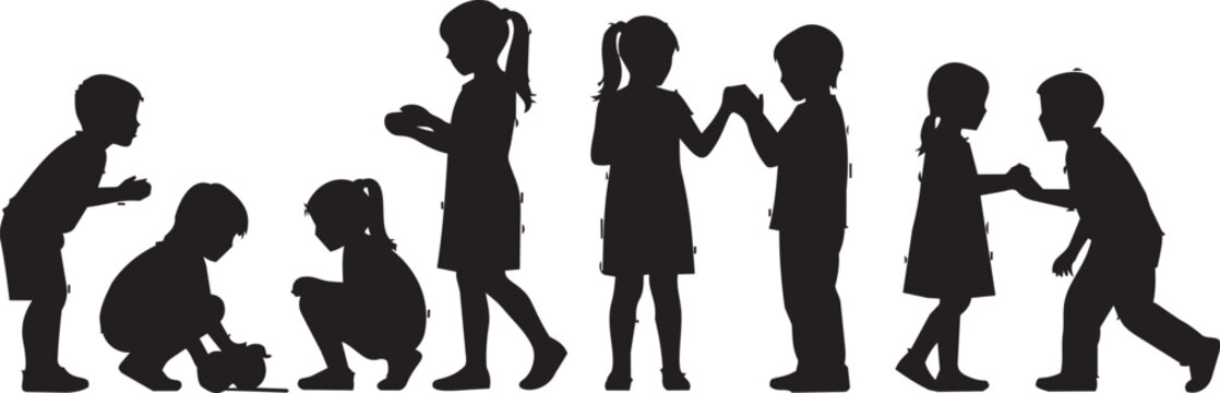 Children silhouettes playing and interacting in a group during daytime vector graphic