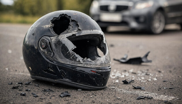 Damaged black motorcycle helmet on asphalt after a road collision. Car crash debris, road accident scene, broken safety gear, emergency response and traffic hazard.