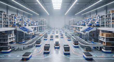 Obraz premium Autonomous Logistics Systems and Warehouse Automation Workflow.